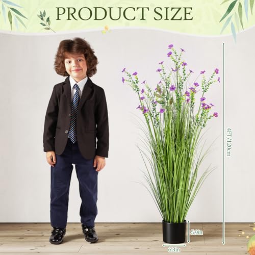 Jexine 2 Pack 4ft/47inch Artificial Grass Plant Outdoor Artificial Greenery Grass in Pot with Fake Purple Flowers for Spring Room Office Indoor Outdoor Decor Housewarming Gifts - color: Purple Fuchsia, size: 4ft