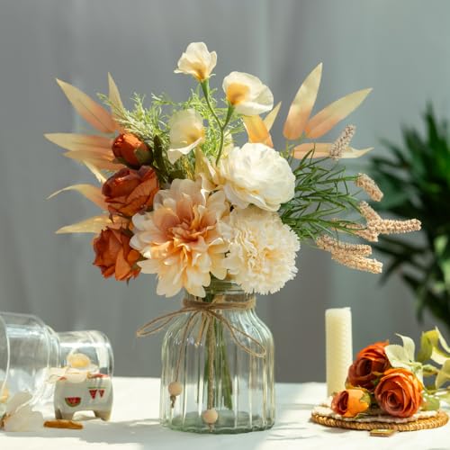 LESING Dahlia Flower Aritificial Flower with Vase Fake Silk Flowers in Glass Vase Faux Rose Flowers Arrangement for Home Office Table Centerpiece Decoration (Champagne) - color: Champagne