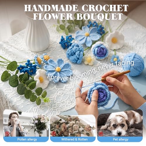 Crochet Flower Bouquet, Blue Handmade Knitted Flowers with Lights & Vase, Crochet Galsang Rose Daisy Flower for Mothers Day Graduation Wedding Lover Teacher Anniversary Birthday Gift (with Card & Bag) - color: Blue