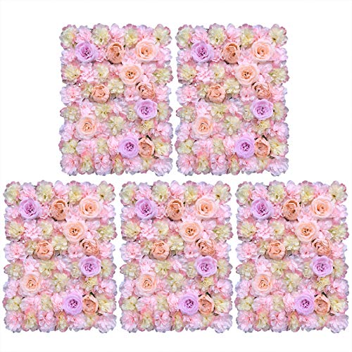 16"x 24" Artificial Flower Wall Panels,Flower Wall Mat Silk Panels for Outdoor Garden Backyard Fence Fence Privacy Screen and Indoor Wall Decor(5Pcs Champagne+Light Pink) - color: 5Pcs Champagne+Light Pink