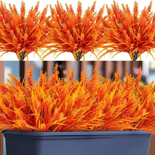 Artificial Plants Outdoor, 12 Bundles Fake Grass with Flowers Pot Garden Decor,Fake Monkey Grass with Flowers for Pot UV Resistant (12, Autumn) - color: Autumn
