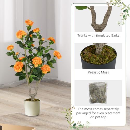 Goplus 36’’ Artificial Camellia Tree, Flower Plants Artificial Tree, Faux Floral Plant Blooming Tree in Nursery Pot, Greenery Potted Plant for Indoor Office Home Porch Decor, Orange - color: Orange, size: 36 inch