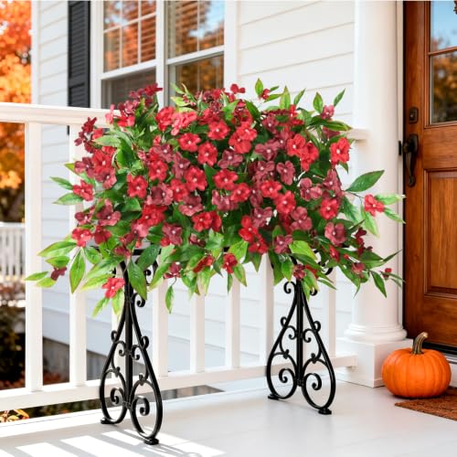 Hommyea Fall Artificial Flowers for Outdoor Fall Decor, 2 Bundles Fake Flowers UV Resistant Faux Silk Flowers No Fade Plastic Flowers for Outside Planters Home Porch Patio Yard Garden Decor - color: Red,reddish Brown
