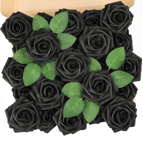 N&T NIETING Artificial Flowers Black Rose with Stems 25pcs Real Touch Flowers Perfect for for DIY Bouquets Wedding Bridal Party Baby Shower Home Flower Arrangement Tables Halloween Decoration - color: Black, size: 25pcs