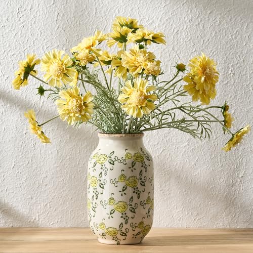 SIDUCAL Ceramic Vintage Pastoral Vase, 8.78 Inch Chinoiserie Floral Vase, Retro Ice Cracked Rustic Farmhouse Vases for Home Decor, Living Room, Bookshelf, Office, Tuscan Decor, Yellow Rose Pattern - color: 18049-yellow Rose