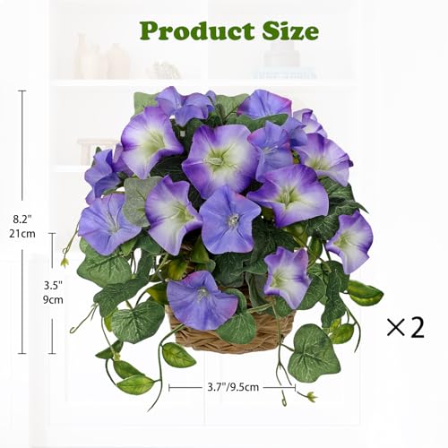 Briful 2 Pack Fake Morning Glory with Handwoven Basket - 8.2" Faux Potted Flowers Silk Floral Table Centerpiece for Home Office Room Shelf Desk Decor - color: Pale Violet