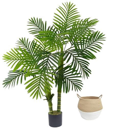 Warmplants Artificial Palm Tree, 4ft Golden Cane Fake Palm Plant with Basket, Phoenix Palm UV Resistant Faux Plants for Indoor Outdoor Home Garden Patio Office Décor - color: Palm, size: 4ft