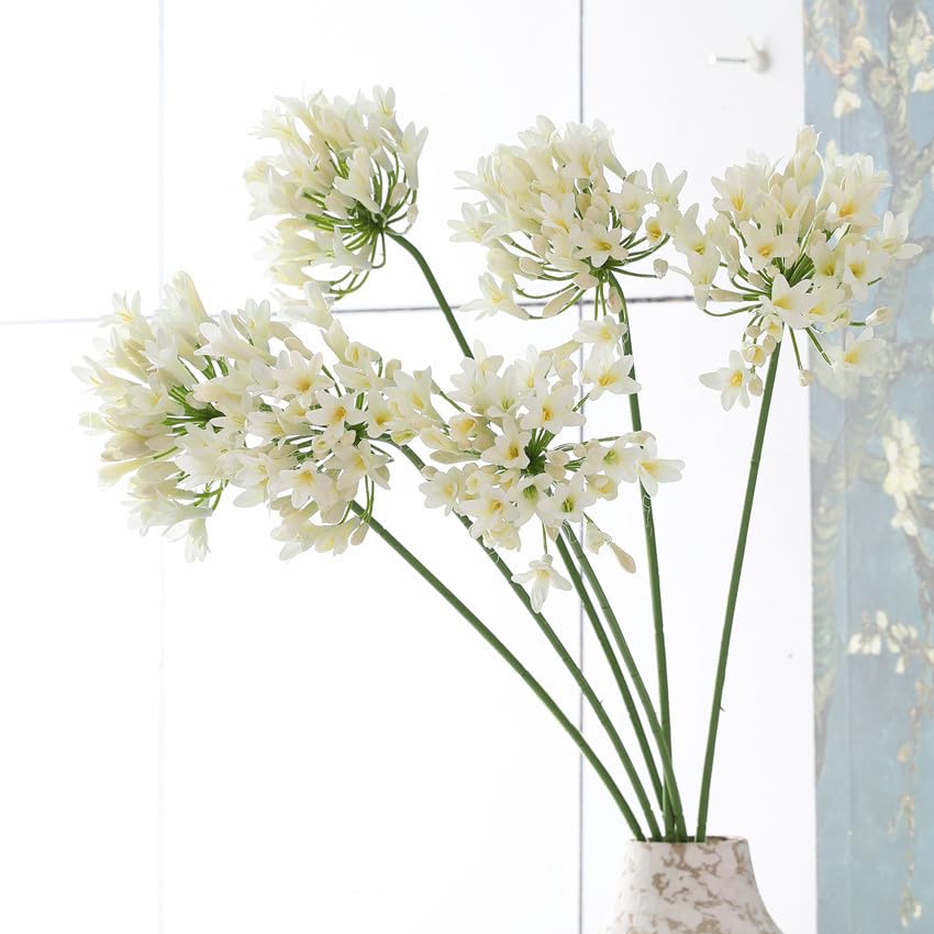 Htmeing 6PCS Artificial Agapanthus Flowers Long Stems Silk Lily Flowers for Home Hotel Flower Arrangement Party Decor (White) - color: White