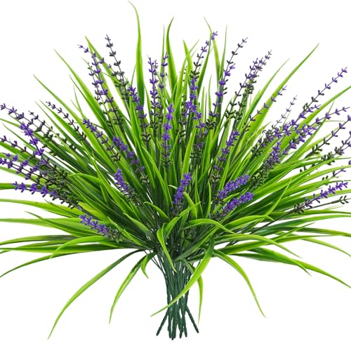 10 Pcs Artificial Plants Outdoor, UV Resistant Fake Outdoor Flowers Plants Faux Plastic Monkey Grass for Outside Front Porch Garden Window Box Home Office Planters Desk Decor (Purple) - color: Purple, size: 10pcs