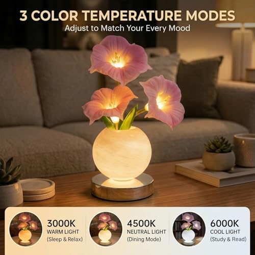 Flower Table Lamp, Rechargeable Cordless Touch Dimming Artificial Morning Glory Flower Desk Lamp, LED Flower Bedside Night Light Romantic Gifts for Girl Women Mom (Pink Morning Glory) - color: Pink Morning Glory