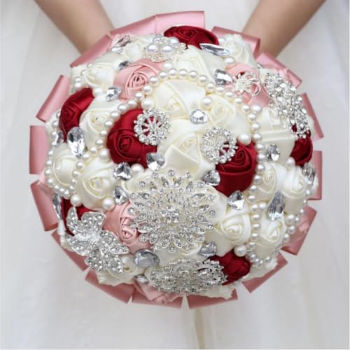 Brooch Wedding Bouquet with Bling Silver Rhinestone Pearl Satin Rose Quinceanera Flower Bouquet Ivory Blush Pink and Burgundy Bridal Bouquet Wedding for Bride Bridesmaid 7.1in - color: Burgundy, Blush & Ivory, size: Diameter: 7.1 inches