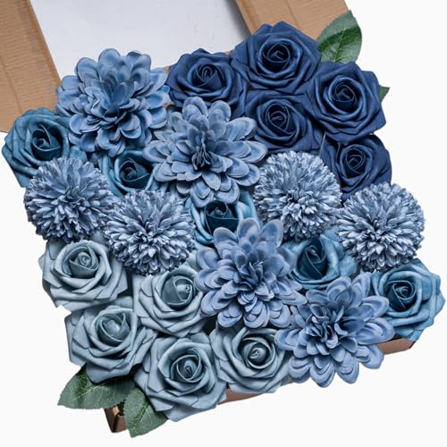Artificial Flowers Combo Set Navy Blue Dahlia Roses DIY Wedding Decor | Silk Fake flowers arrangement set for home decor crafts reusable party bouquets DIY wedding table and event decorations - color: Navy Blue, size: The Minimalist