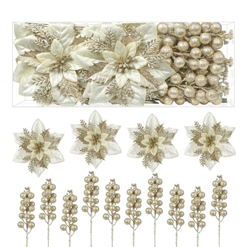 Alupssuc 24 Pieces Christmas Tree Decorations, 12 PCS Champagne Gold Poinsettia Flowers Artificial and 12 PCS Christmas Tree Picks for Christmas Decorations Party Wreath Fireplace, Champagne Gold - color: Champagne Gold