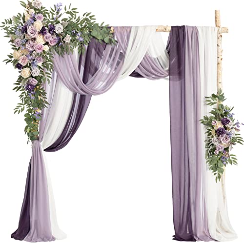 Ling's moment Wedding Arch Flowers with Sheer Drapes Kit - Artificial Purple and Gold Rose Floral Arrangements for Ceremony Backdrop, Arbor Decor, 5-Piece Set (2 Flower Stems + 3 Hanging Drapes) - color: Prpl-lilac & Cream
