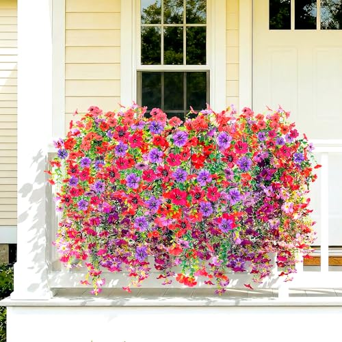 5PCS Artificial Faux Hanging Flowers Plants for Outdoor Decor,Fake Silk Daisy Flowers with Eucalyptus UV Resistant Realistic Vines for Home Porch Patio Balcony Yard Decor (Hot pink Fuchsia) - color: Hot Pink Fuchsia