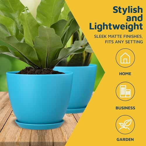 Blue Plant Pots with Drainage Holes & Saucers 15 Pack, Indoor & Outdoor Stackable Space-Saving Planters for Houseplants & Flowers, (7", 6.7", 6", 5.3", and 4.8" Inches), Durable & Weatherproof - color: Blue, size: Pack of 15