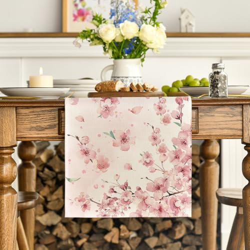 Artoid Mode Floral Cherry Blossoms Branches Summer Table Runner, Seasonal Spring Kitchen Dining Table Decoration for Home Party Decor 13x72 Inch