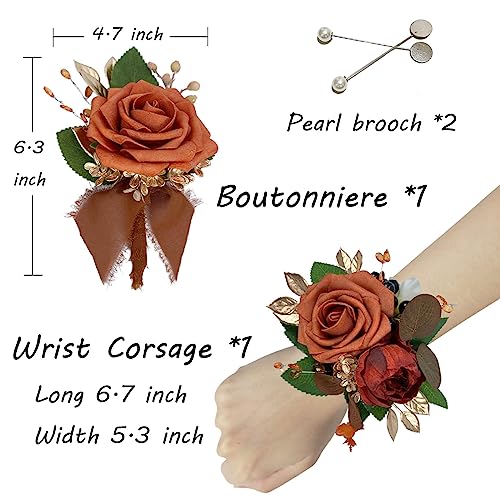 CherishedMoments Burnt Orange Handmade Artificial Rose Peony Wrist Corsage and Boutonniere Set for Men's Wedding, Bridesmaid Hand Flower for Wedding Prom Suit Decorations - color: Burnt Orange