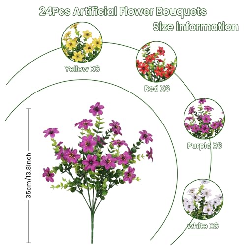 SHareconn 24 Bundles Artificial Flowers for Outdoors Decoration, Faux Plants Fake Silk Colorful Daisy Eucalyptus Lavender, UV Resistant for Outside Home Porch Patio Indoor Spring Decor, Mix 4 Colors - color: Redvioletyellowwhite