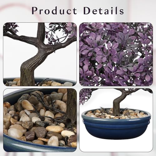 Artificial Bonsai Tree Juniper Faux Plants Indoor Fake Plants Decor with Blue Ceramic Pots for Home Table Office Desk Bathroom Shelf Bedroom Living Room Farmhouse Decorations - style: 9" Purple Ficus