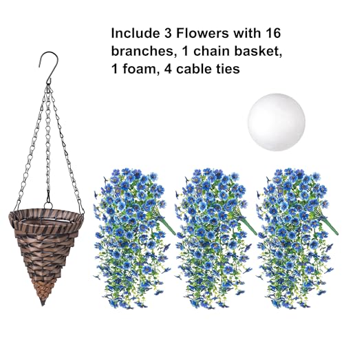 HyeFlora Artificial Hanging Flowers Basket for Outdoor, Fake Flowers Faux Plants Look Real for Yard Gardens Porch Patio Home (Blue) - color: Blue