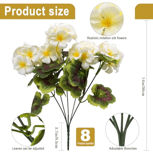 lovemoon 8 Pcs Artificial Geraniums for Outdoors Realistic Silk White Flowers UV Resistant Faux Geranium Flowers for Outdoor Front Door Porch Home Garden Office Decoration (8, White) - color: White