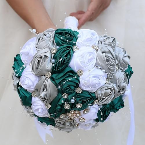 Ujicde Romantic Wedding Bouquet Bridal Bridesmaid Round Bling Brooch Bouquet Throw Toss Artificial Rose Flower Bunch with Sparkle Rhinestone Crystal Decoration(Green White,Dia. 6.3"*16cm) - color: Green White, size: Dia. 6.3"*16cm