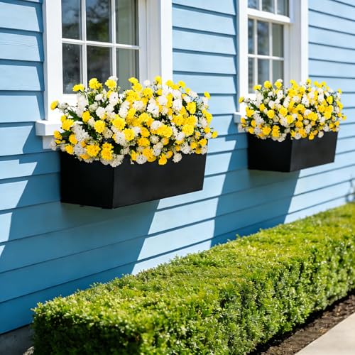 Ammyoo Artificial Flowers for Outdoors Decoration, 6 Bundles Silk Marigold Flower UV Resistant Look Real Faux Plants for Garden Porch Planter Patio Balcony Yard Home Decor (Yellow White) - color: Yellow White