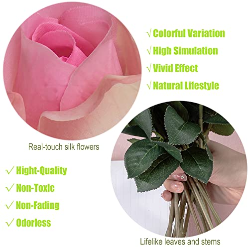 12pcs Half Opened Artificial Rose Buds,17 Inch Real Touch Silk Roses with Partially Opened Flowers, Artificial Flower for Home Décor Centerpiece Wedding Bouquet,Pink - color: Pink
