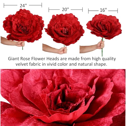 Set of 3 - Giant Red Velvet Rose Large Handcrafted Artificial Flower Props for Wedding, Home, Party, Event, Backdrop Decoration for Anniversary Birthday Valentine's Day (Red - Rose Heads Only)