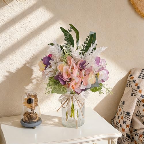 LUEUR Fake Flowers with Vase, Artificial Pink & Purple Hydrangea Arrangement, Spring Floral Centerpiece for Dining Table, Coffee Table & Farmhouse Home Decor Srping Decoration - color: Purple & Green
