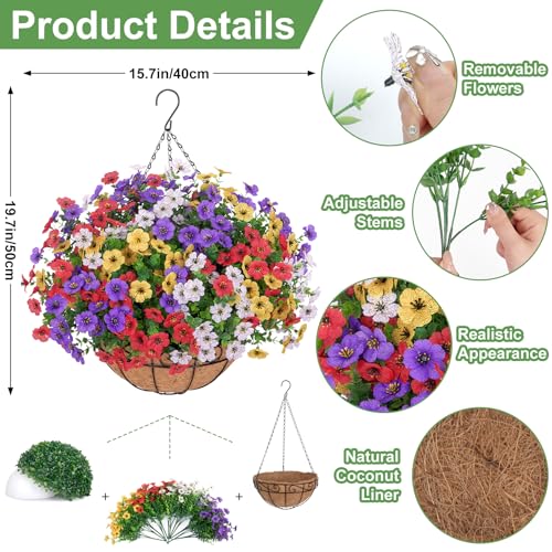Artificial Hanging Flowers for Outdoors, UV Resistant Silk Flowers Basket Mixed Color Faux Daisy with Eucalyptus Leaves Hanging Fake Plants for Porch Balcony Patio Home Spring Summer Decoration - color: Mixed Color-2