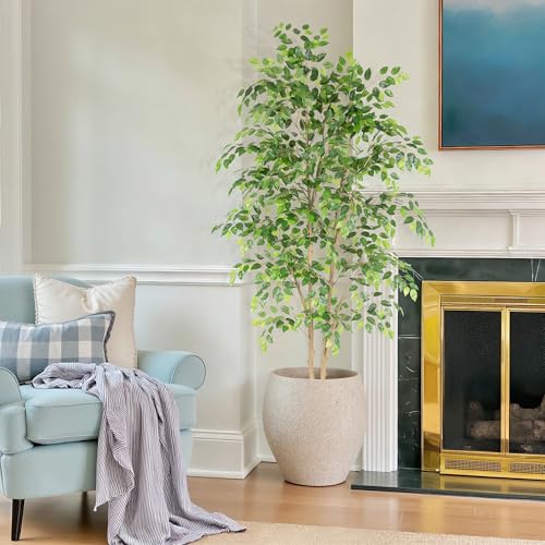 Nafresh Tall UV Resistant Ficus Tree Artificial，6ft(72in) Faux Ficus Tree with Realistic Smooth and Shiny Leaves， Fake Trees Indoor Outdoor for Home Office Living Room Bedroom Foyer Porch Decor. - size: 6ft
