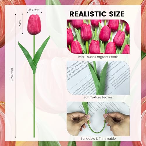 30 PCS Artificial Tulips Real Touch Tulips 13.5inch Long Stem Fake Flowers Silk Flowers for Spring Easter Mother's Day Decorations (Rose-red) - color: Rose-red