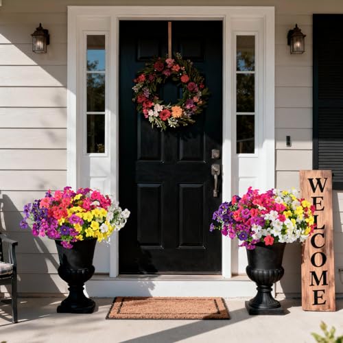 INQCMY Artificial Fake Flowers for Outdoors Decoration,12 Bundles Silk Colorful Morning Glory with Eucalyptus UV Resistant Look Real Faux Flowers for Planter Door Garden Porch Patio Balcony Yard - color: Mixed Color(2double Purple,2 Deep Orchid,2 Deep Pin