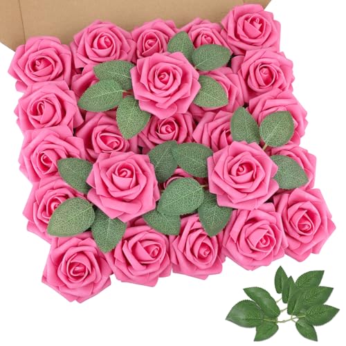 AmyHomie 25pcs Real Looking Artificial Hot Pink Roses w/Stem for DIY Wedding Bouquets Centerpieces Arrangements Party Baby Shower Valentines Day Christmas Tree Decorations - color: Hot Pink