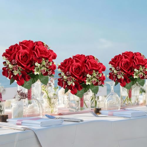 Bridesmaid Bouquets Set of 6, 7.5-Inch Wide Artificial Silk Rose & Hydrangea Wedding Bouquets for Party, Ceremony, Bridal Shower, Wedding Decor (Burgundy) - color: Burgundy