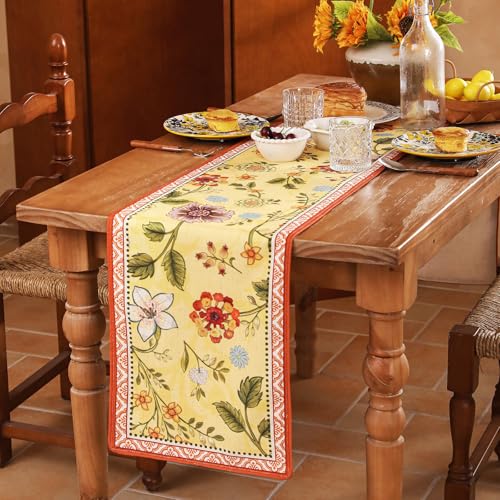 bilin gaier Linen Floral Yellow and Orange Table Runner 63 Inches Long,Wrinkle-Resistant Rustic Farmhouse Decor,Decor Luxury Vintage Runner Table Cloth for Coffee & Dining Table,12"x63"-Bellano - color: Bellano, size: 12"*63"