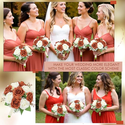 Artificial Bridesmaid Bouquets Set of 2 - Wedding Bouquet Burnt Orange Rose White Babys Breath 7 Inch Flower Bride Bouquet for Wedding Bridal Shower Centerpiece Ceremony Anniversary Decorations - color: Orange & White, size: Set of 2 Bridesmaid Bouquets