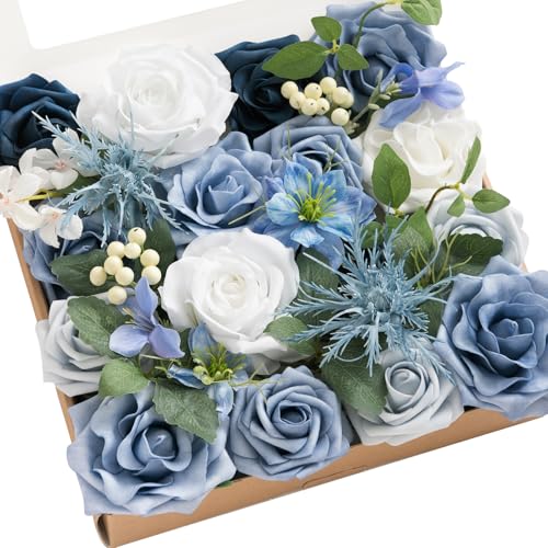 Ling's Moment Fake Flowers Box, Faux Artificial Greenery Stems Foam Roses Berry Silk Morning Glory Fabic Flower for Centerpieces Bouquet Wedding Vase Decoration, Dusty Blue & Ivory & Sage, Grand Combo - color: Blu-dusty Blue & Ivory & Sage, size: Grand