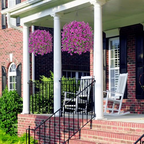 INXUGAO Artificial Hanging Flowers Plants with Basket for Outdoors, Realistic Faux Silk Daisy Flower Eucalyptus for Spring Decor, UV Resistant Fake Plants for Porch Patio Yard Balcony, Purple - color: A-purple