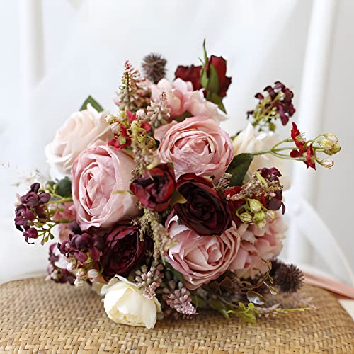 Artificial Wedding Bouquet for Brides Bridesmaid Holding Flower with Greenery Artificial Fabric Rose Wedding Flower Bridal Toss (Vintage Pink) - color: Vintage Pink
