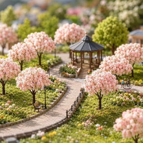 LOGOFUN 30pcs Miniature Cherry Blossom Trees | Mini Model Trees; For Train Railway Architecture Diorama Dollhosue Micro Landscape Sand Table Decor