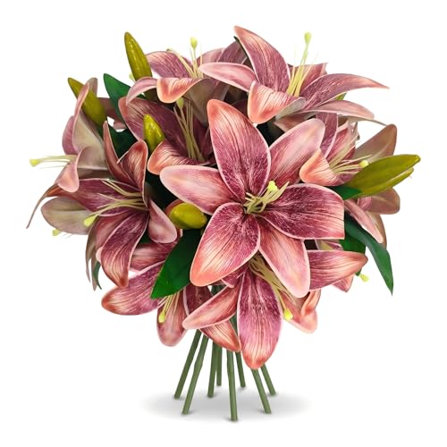 ATFL Artificial Lilies Flowers,9 Pcs Faux Lily Flowers,16''Tiger Lily Branches with 2 Full Blooms and 1 Bud,Faux Fake Lilies Plants for Wedding Bouquet Floral Arrangements (9, Brown) - color: Brown