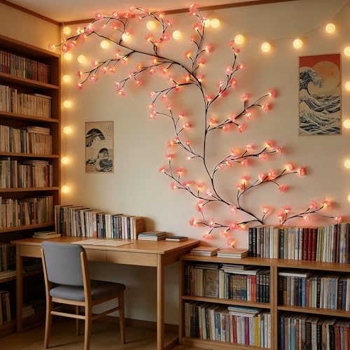 LED Cherry Blossom Lights, 96 LED Artificial Flower String Lights Cherry LED Tree Branch Lights for Wall,Willow Vine Lights and USB Powered for Bedroom Party Wedding Outdoor Decorations (75IN) - color: Sakura 75IN
