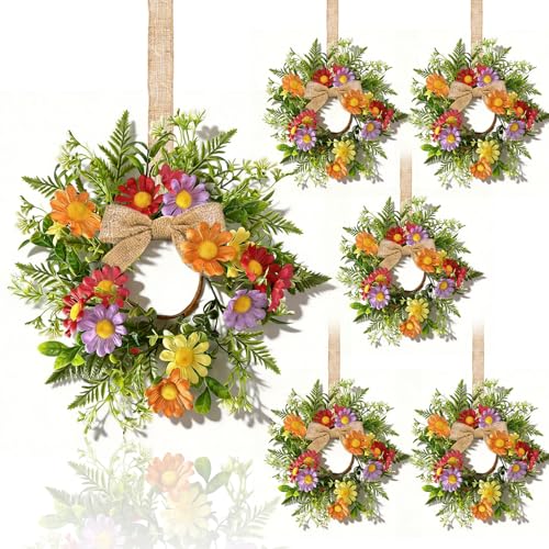 6 Pcs Mini Flowers Wreaths for Cabinets with Orange Red Purple Yellow Daisy Floral Artificial Spring Summer Small Candle Rings Wreath for Home Front Door Window Farmhouse Porch Wall Hanging Decor - color: Colorful Daisies