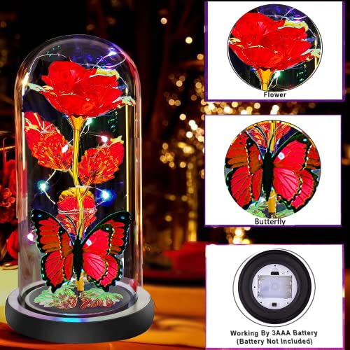 Mothers Day Rose Flower Gifts for Mom, Birthday Gifts for Women, Galaxy Crystal Light Up Rose Flowers in A Glass Dome, Mother Day Presents Wife Grandma Sister Her Mom from Daughter Butterfly Red - color: A-red
