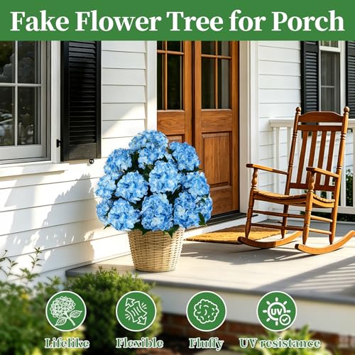 Grooy Artificial Topiary Ball Tree with Blue Hydrangea, Set of 2 UV Resistant Shrubs with Ground Spike, Fake Evergreen Plant Decor for Porch Garden Indoor Outdoor - color: Blue Hydrangea