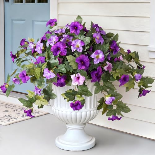 2PCS Artificial Petunia Flowers for Outdoors, Fake Flowers for Outdoor Planters UV Resistant Faux Silk Petunias for Garden Porch Yard Balcony Patio Realistic Home Kitchen Decor(Double Purple) - color: A-double Purple
