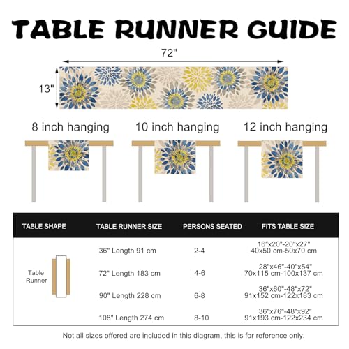Geometric Dahlia Flower Dining Table Runner, Blue Yellow Floral Modern Art Burlap Kitchen Decoration, Spring Summer Farmhouse Indoor Outdoor Home Decor Party Supply 13 x 72 Inches - color: Dahlia, size: Table Runner 13''X72''